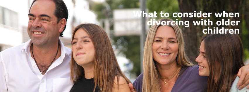 Family picture with caption what to consider when divorcing with older children